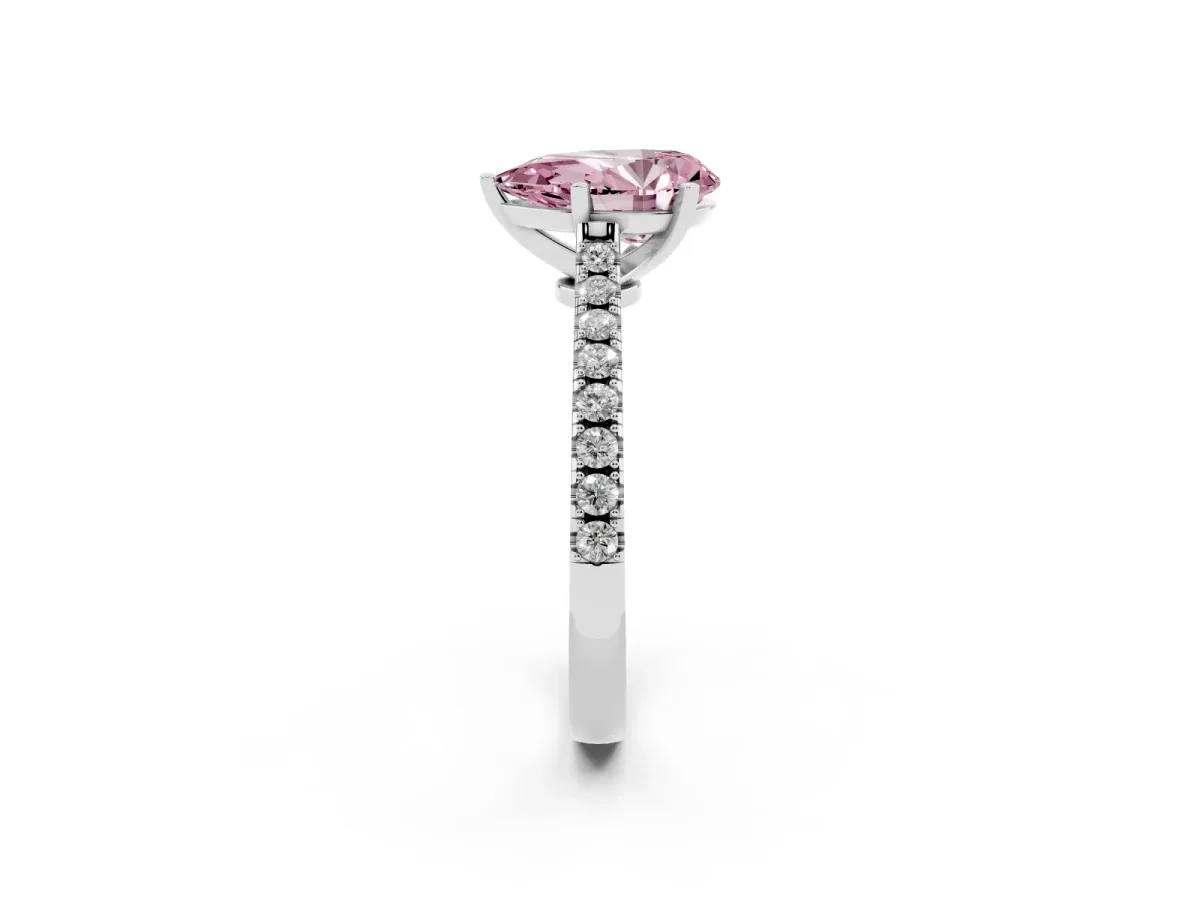 Fancy Pink Pear Cut Cut Solitaire Diamond Engagement Ring with Pave Band and Four-Prong Setting Platinum