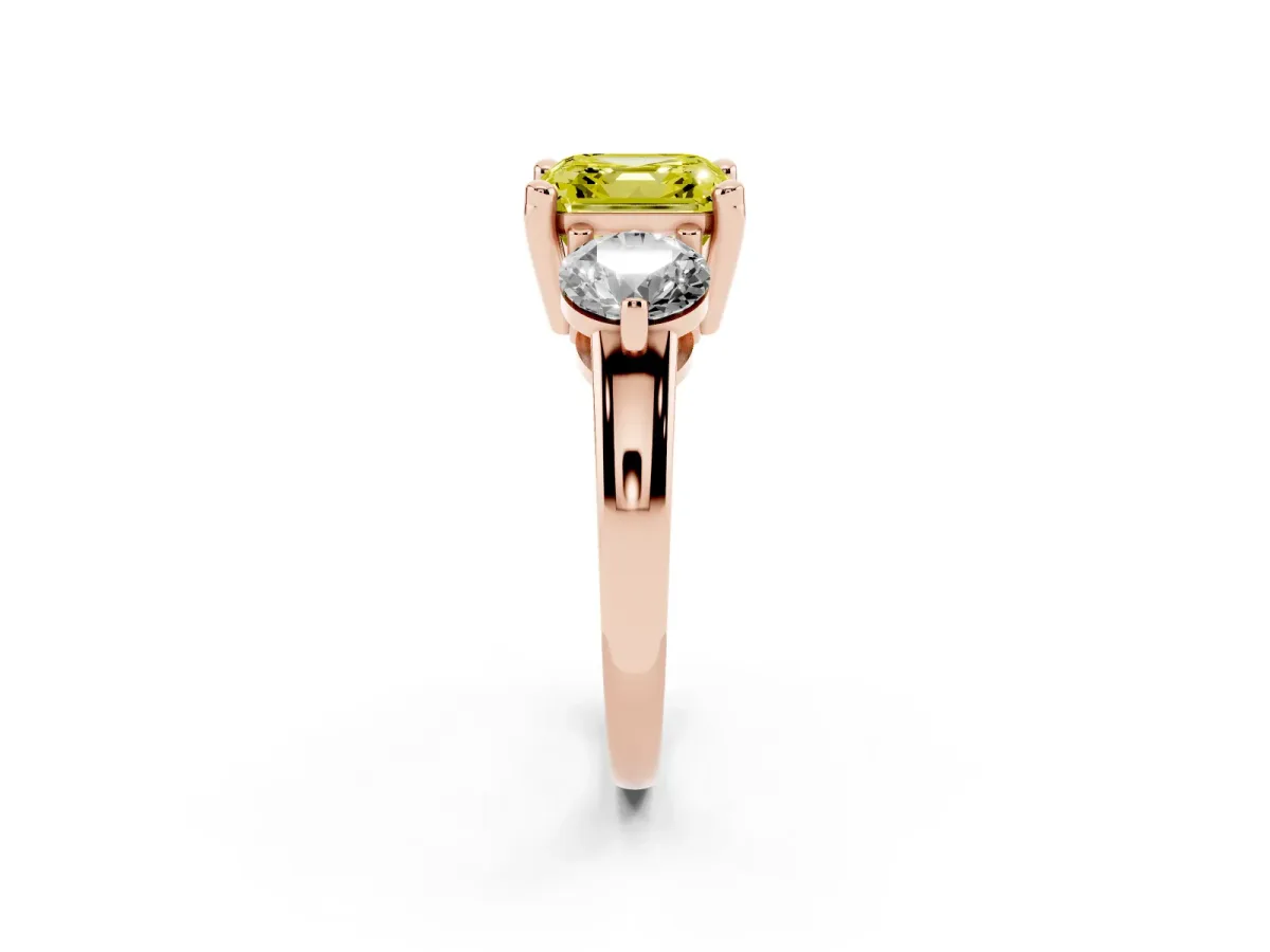 Fancy Yellow Three-Stone Asscher Cut Brilliant Cut Solitaire Ring with Prong Setting on a Classic Band Rose gold