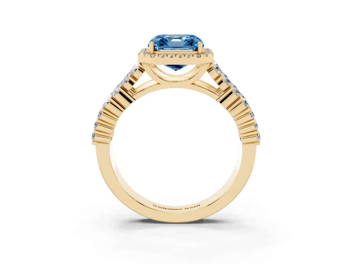 Fancy Blue Asscher Cut Diamond Halo Engagement Ring with Triple Row Round Pavé Band and Prong Setting Yellow gold