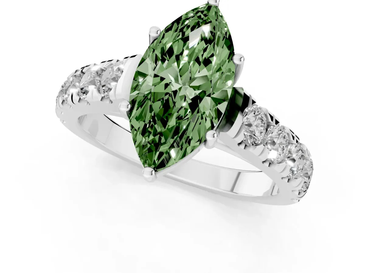 Fancy Green Marquise Cut Cut Diamond Solitaire Ring with Micro Pave Band and Prong Setting Silver