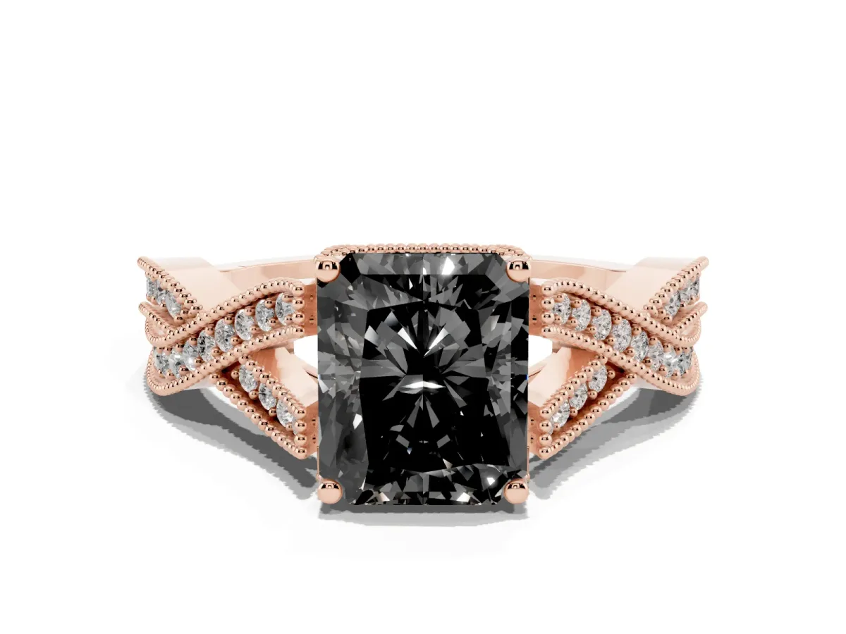 Fancy Black Radiant Cut Cut Diamond Twisted Band with Milgrain Pave Setting and Four-Prong Setting Rose gold
