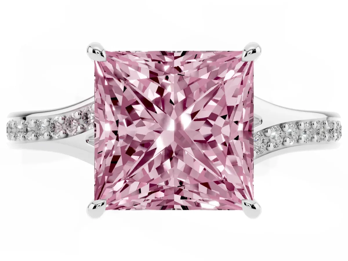 Fancy Pink Princess Cut Diamond Solitaire Ring with Pavé Band and Prong Setting Platinum