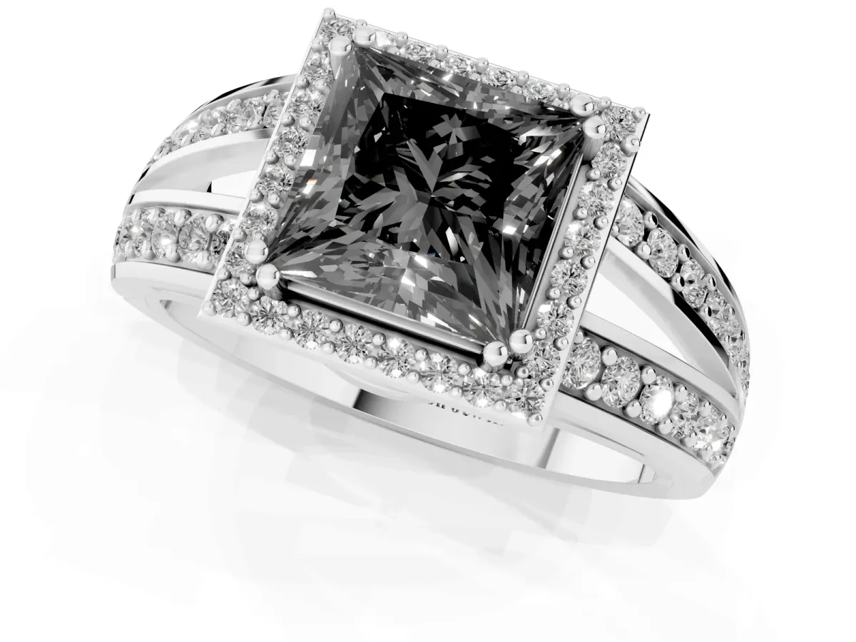 Fancy Black Princess Cut Diamond Halo Ring with Split Shank Pavé Band and Four-Prong Setting Platinum