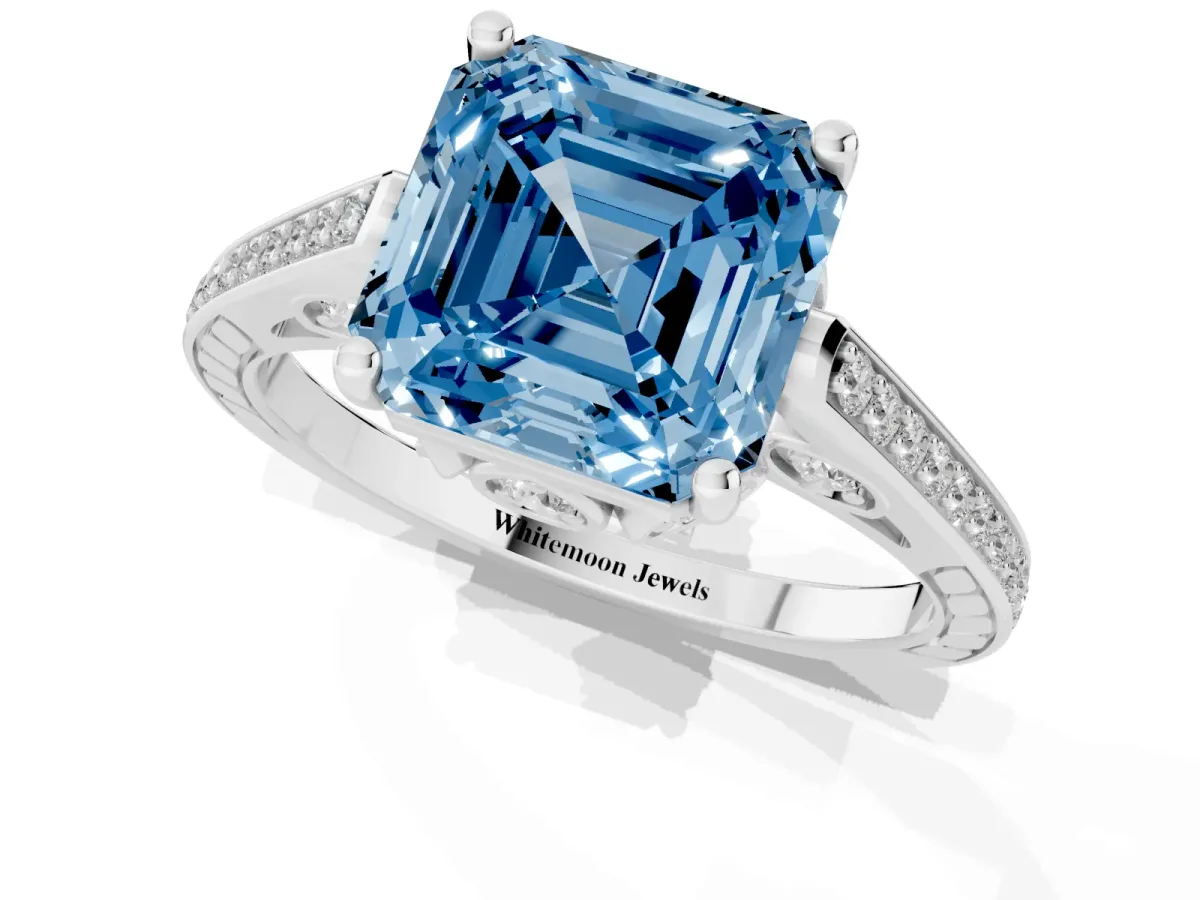Fancy Blue Asscher Cut Cut Cathedral Pave Diamond Engagement Ring with Six-Prong Setting Silver