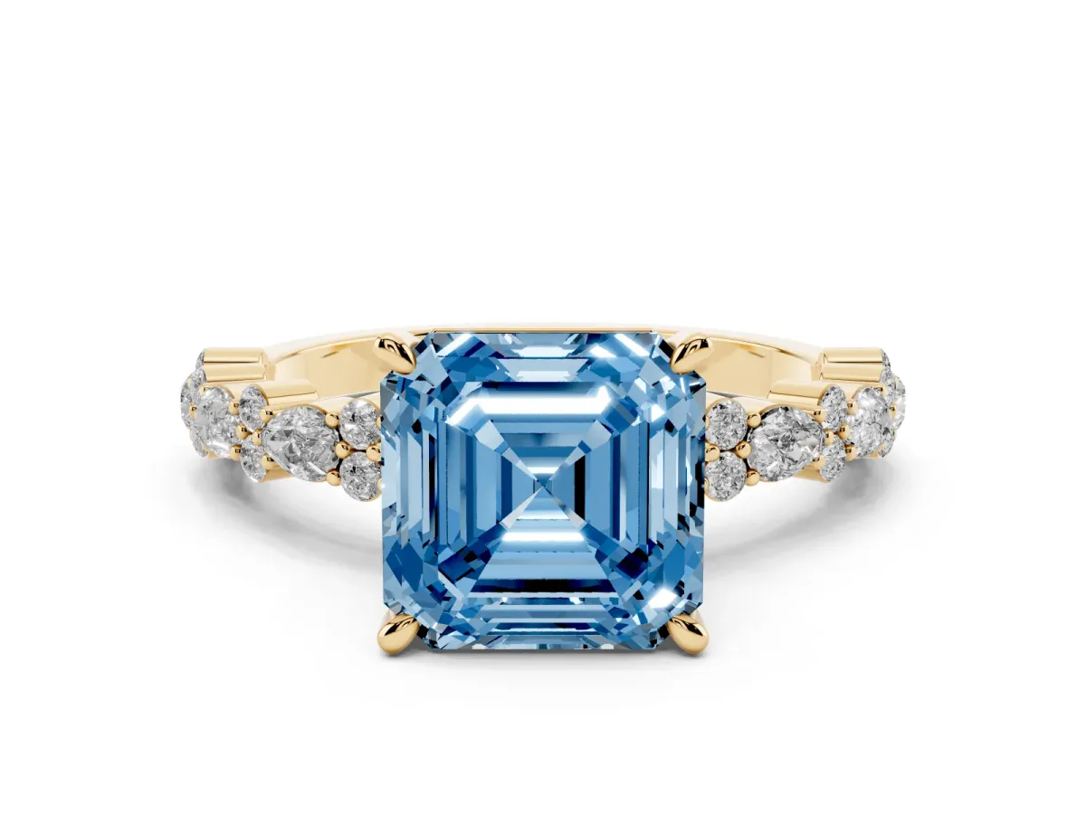 Fancy Blue Asscher Cut Diamond Side Stone Solitaire Ring with Round and Four-Prong Setting Yellow gold