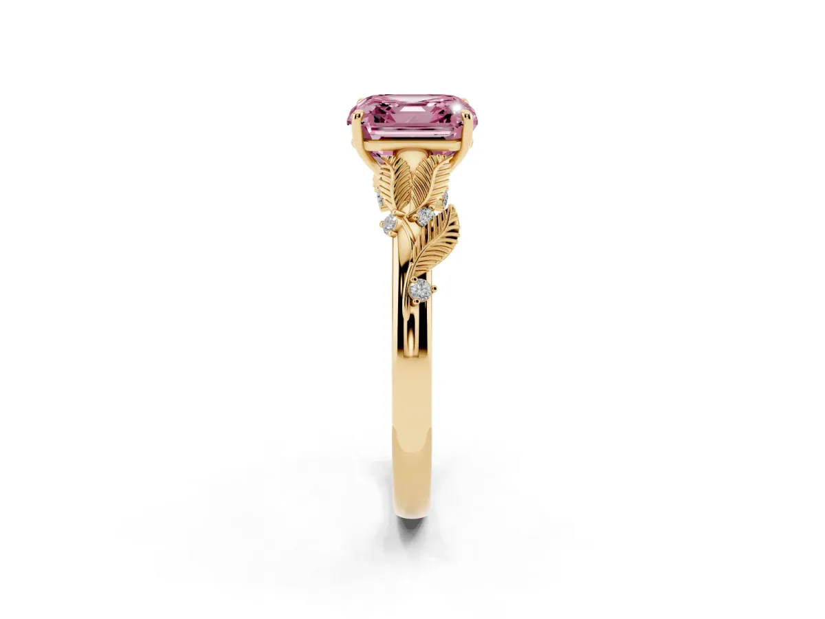 Fancy Pink Asscher Cut Diamond Solitaire Ring with Leaf Motif Band and Four-Prong Setting Yellow gold