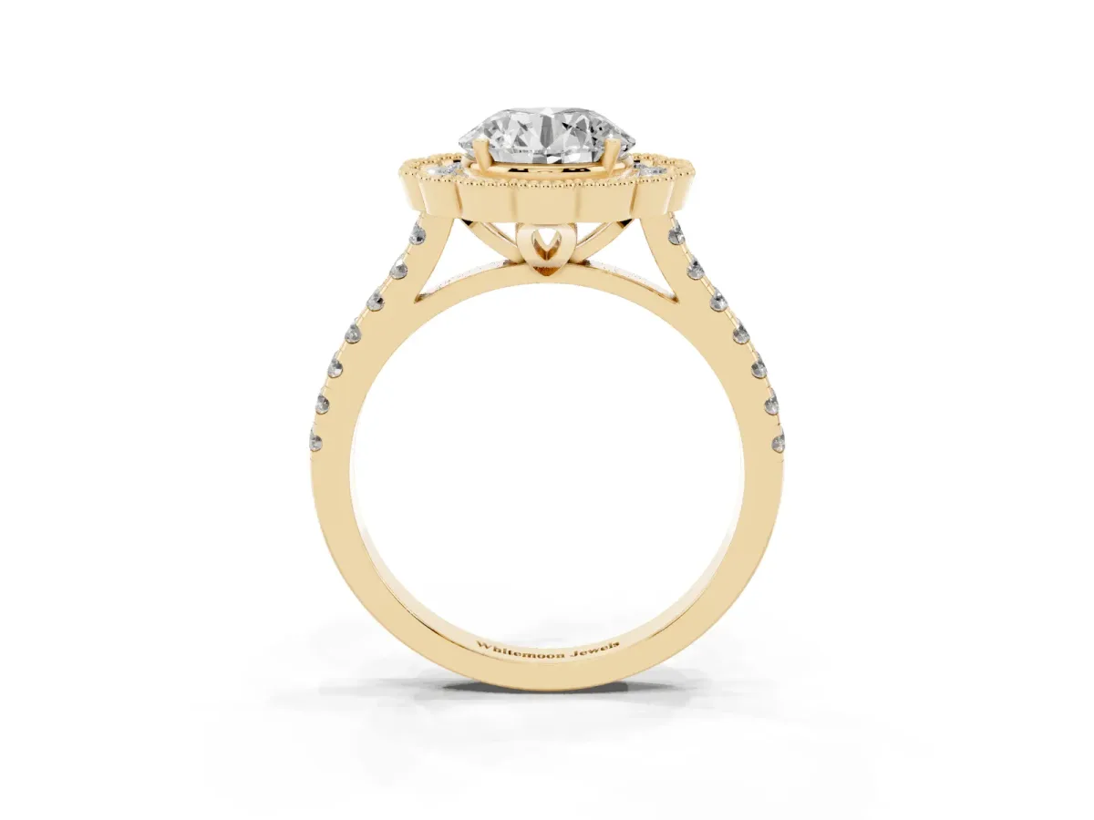 Round Cut Cut Diamond Milgrain Floral Halo Engagement Ring with Pavé Band Yellow gold