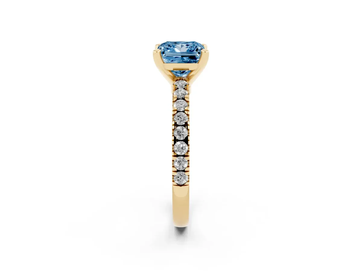 Fancy Blue Princess Cut Solitaire Diamond with Pavé Band and Four-Prong Setting Yellow gold