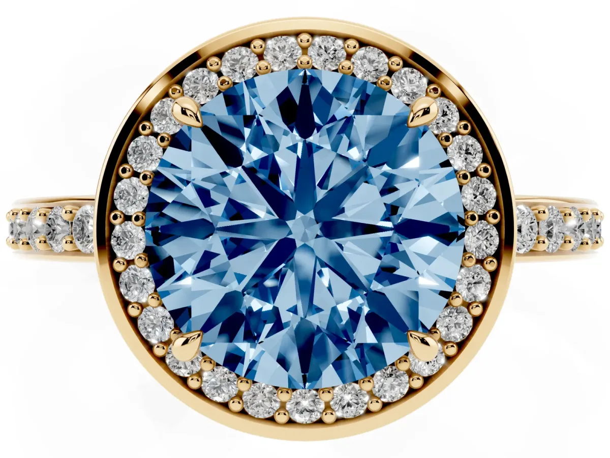 Fancy Blue Round Cut Halo Pave Band Solitaire Ring with Prong Setting Yellow gold