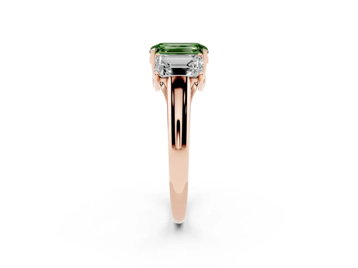 Fancy Green Three-Stone Emerald Cut Diamond Engagement Ring with Prong Setting Rose gold