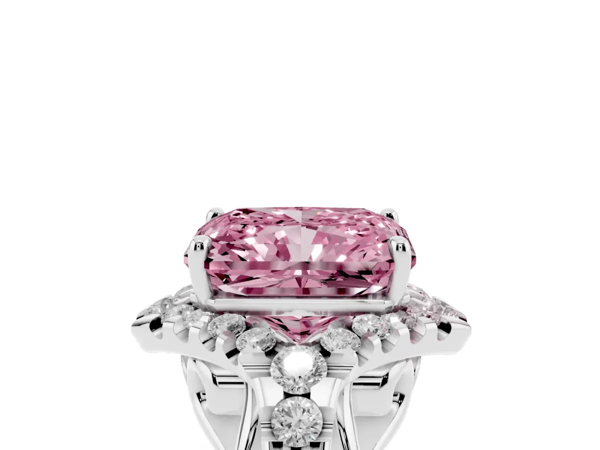 Fancy Pink Radiant Cut Diamond Solitaire Ring with Hidden Halo and Pavé Band Silver