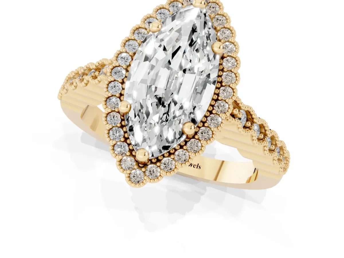 Marquise Cut Cut Halo Pavé Solitaire Ring with Milgrain Band Yellow gold