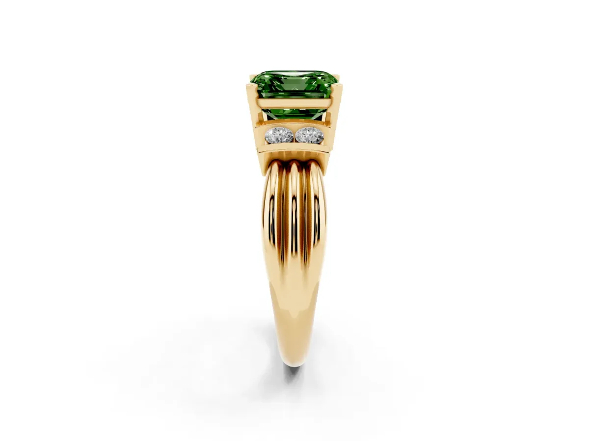 Fancy Green Asscher Cut Cut Three-Stone Channel Set Ring with Bar Prongs Yellow gold