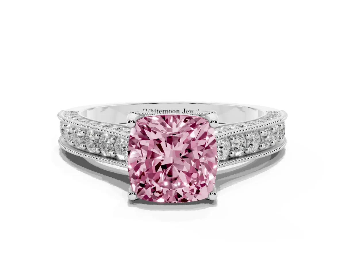 Fancy Pink Cushion Cut Cut Diamond Solitaire Ring with Milgrain Pave Band and Four Prong Setting Platinum