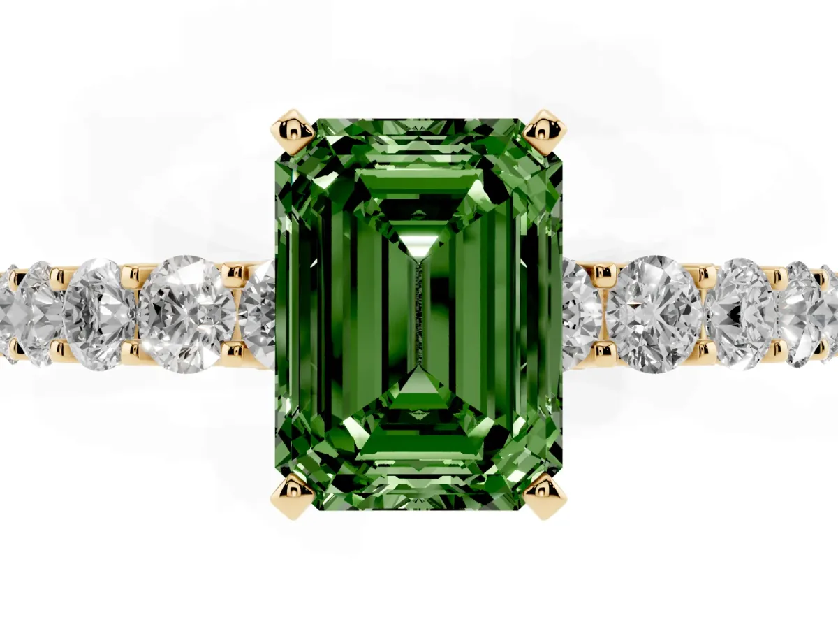 Fancy Green Emerald Cut Diamond Solitaire Ring with Shared Prong Pavé Band and Four-Prong Setting Yellow gold