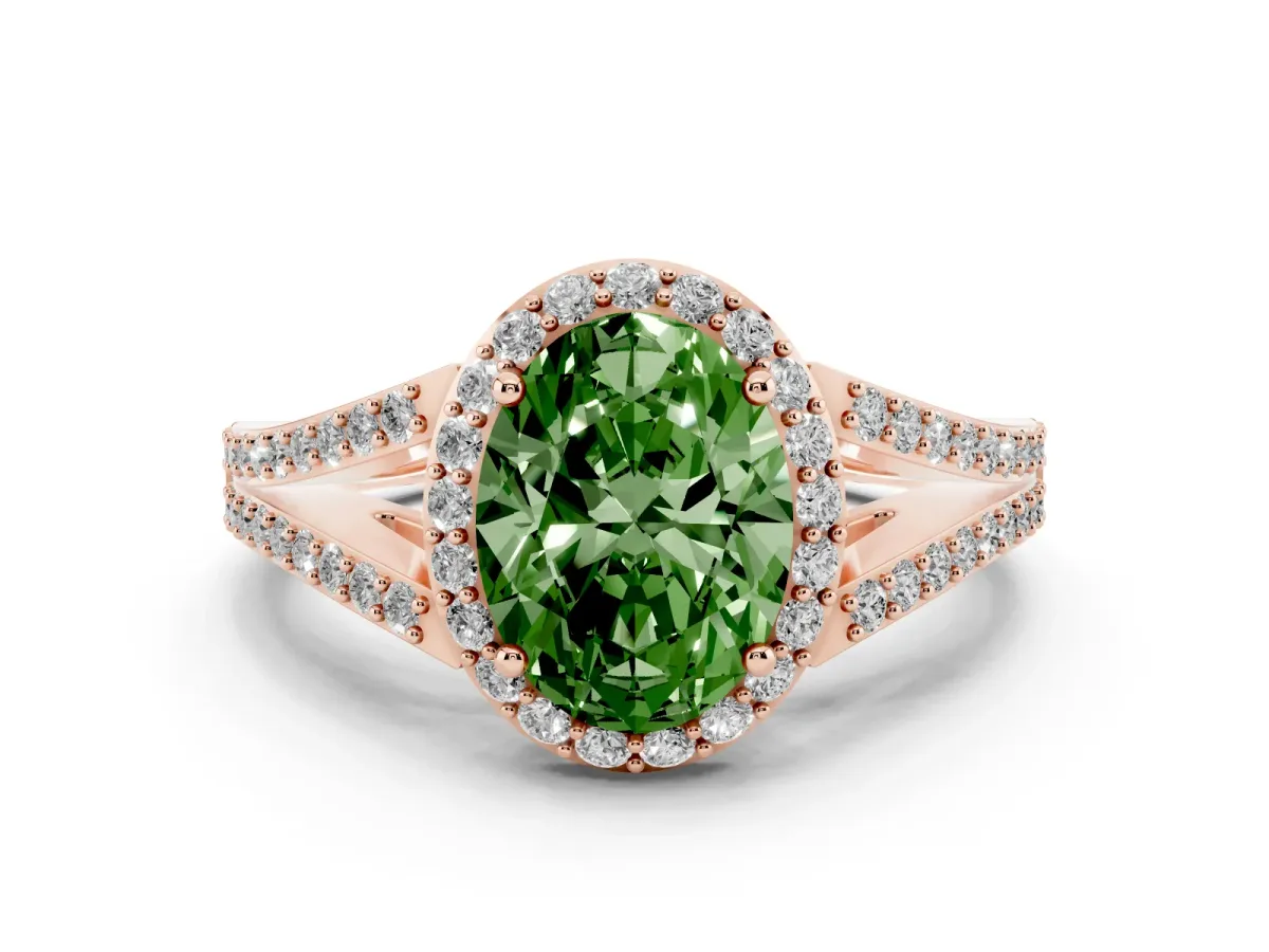 Fancy Green Oval Cut Halo Split Shank Diamond Ring with Prong Setting Rose gold