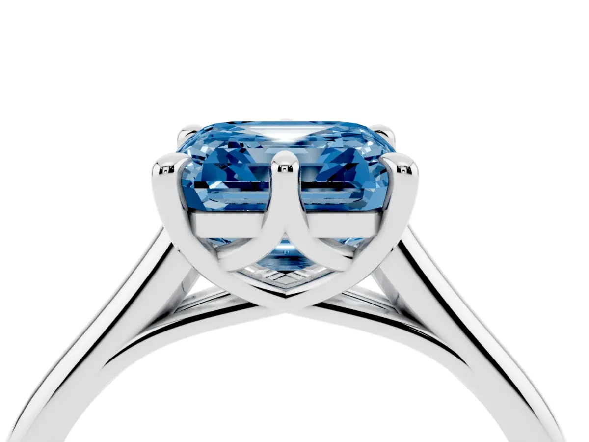 Fancy Blue Asscher Cut Solitaire Engagement Ring with Six-Prong Setting and Classic Band Silver