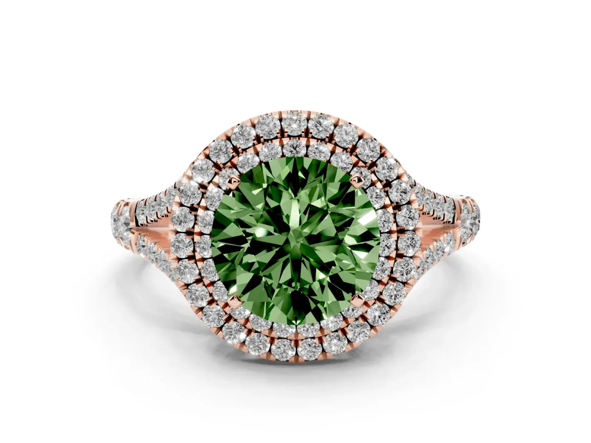 Fancy Green Round Cut Cut Double Halo Split Shank Diamond Ring with Prong Setting Rose gold