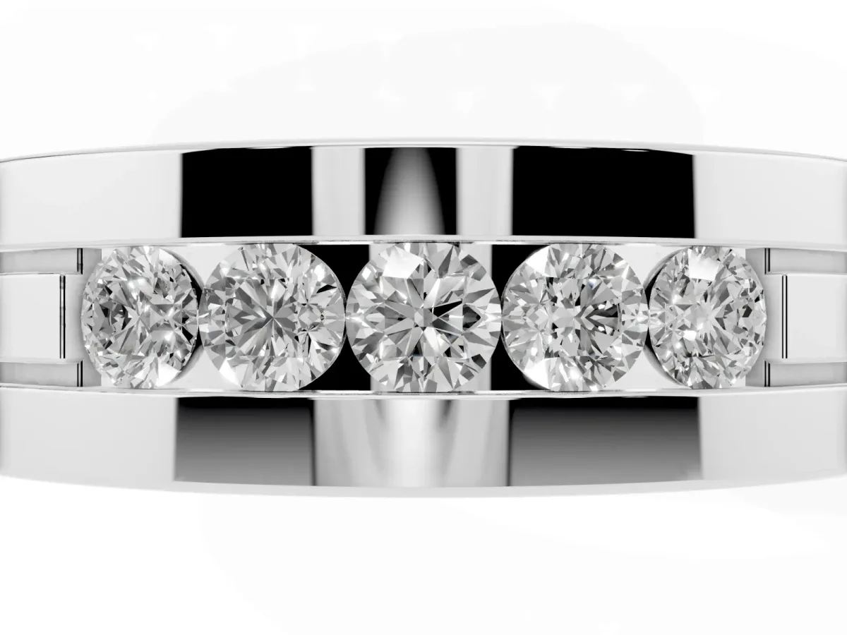 Round Diamond Five-Stone Channel Set Mens Band Silver