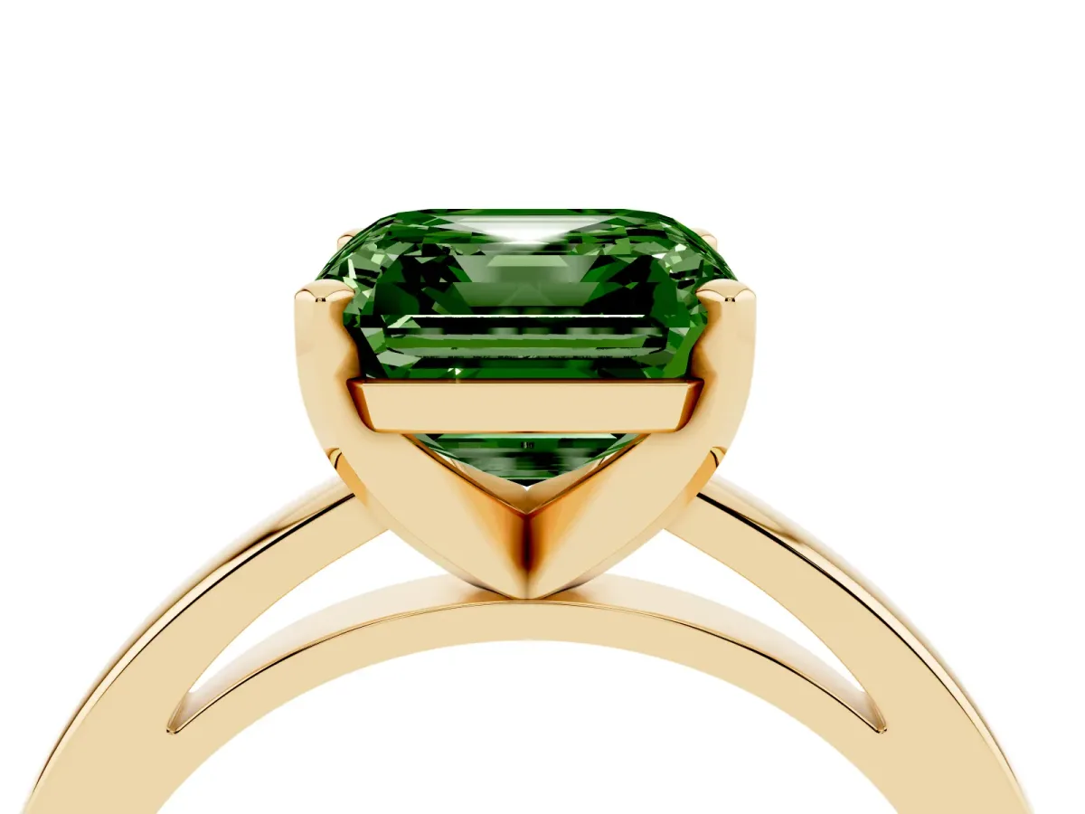 Fancy Green Asscher Cut Solitaire Diamond Engagement Ring with Four-Prong Setting on a Classic Band Yellow gold