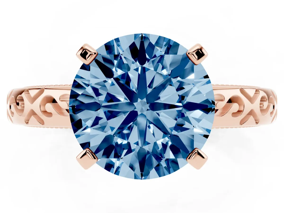 Fancy Blue Round Cut Solitaire Engagement Ring with Scrollwork Band and Four-Prong Setting Rose gold