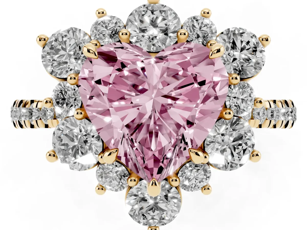 Fancy Pink Heart Cut Diamond Floral Halo Ring with Round Pavé Band and Prong Setting Yellow gold