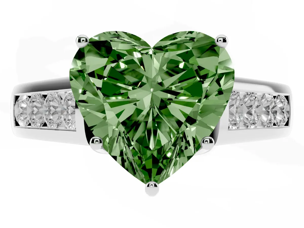 Fancy Green Heart Cut Solitaire Channel-Set Diamond Engagement Ring with Four-Prong Setting Silver