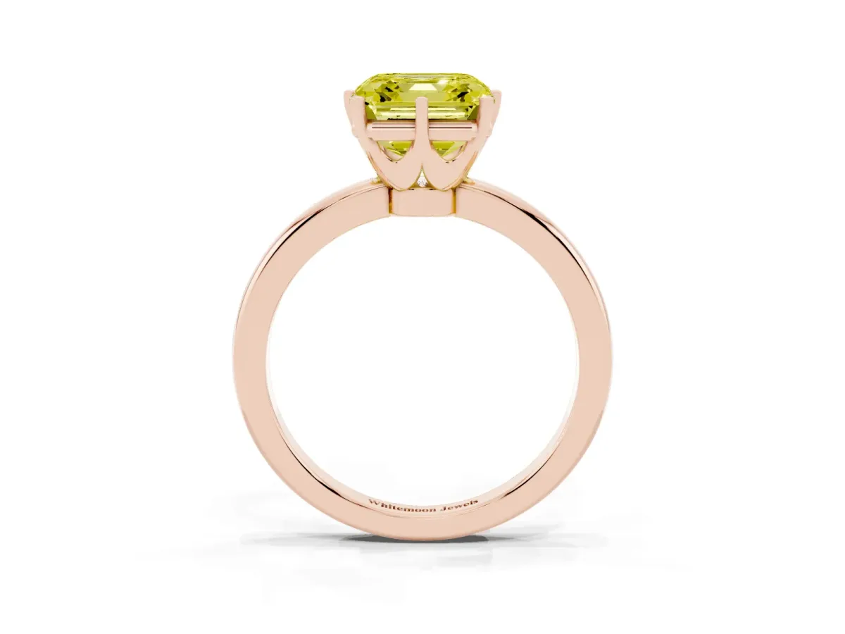 Fancy Yellow Asscher Cut Solitaire Diamond Ring with Six-Prong Setting on a Classic Band Rose gold