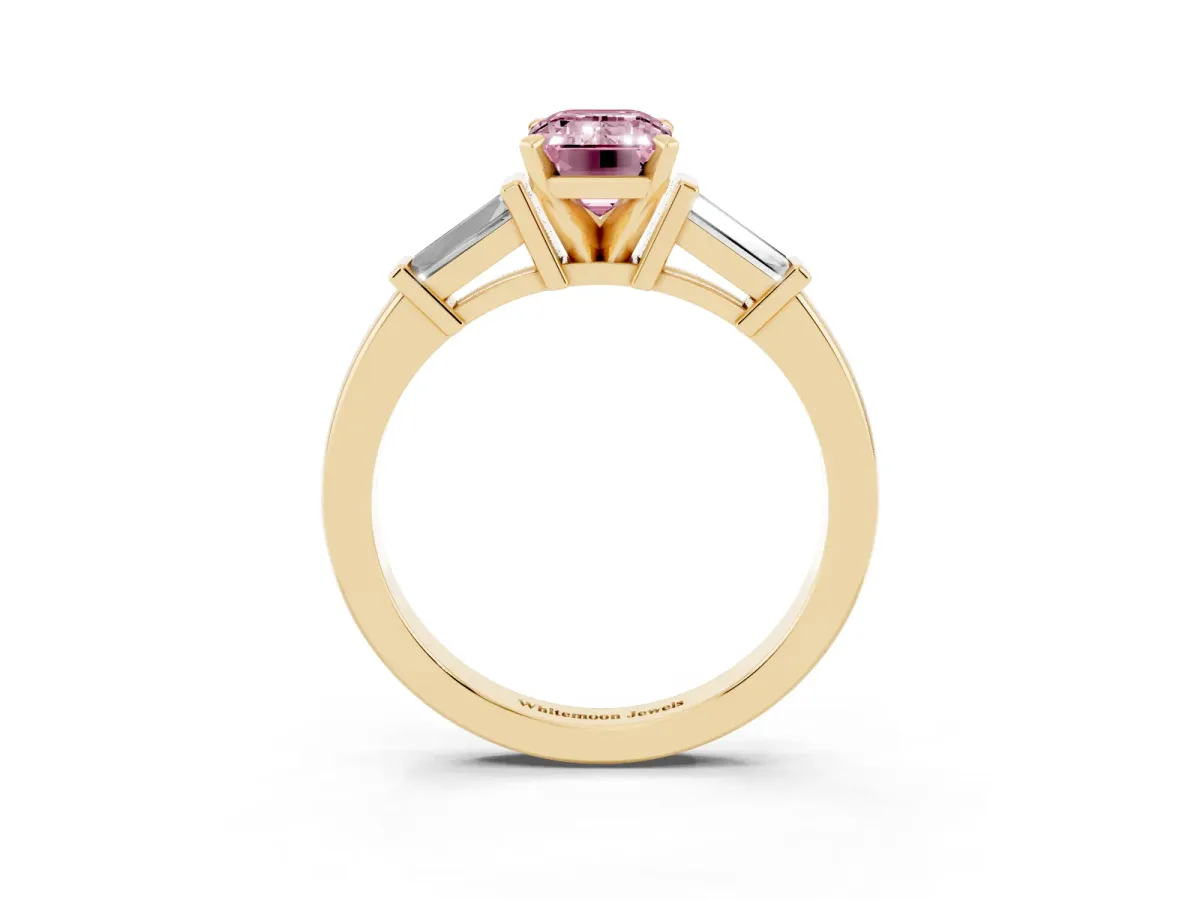 Fancy Pink Emerald Cut Cut Diamond Solitaire Ring with Tapered Baguette Accents and Four-Prong Setting Yellow gold