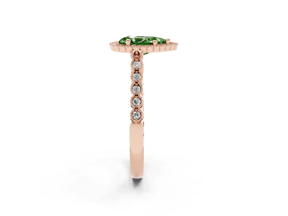 Fancy Green Pear Cut Cut Halo Pavé Solitaire Ring with Milgrain Band Rose gold