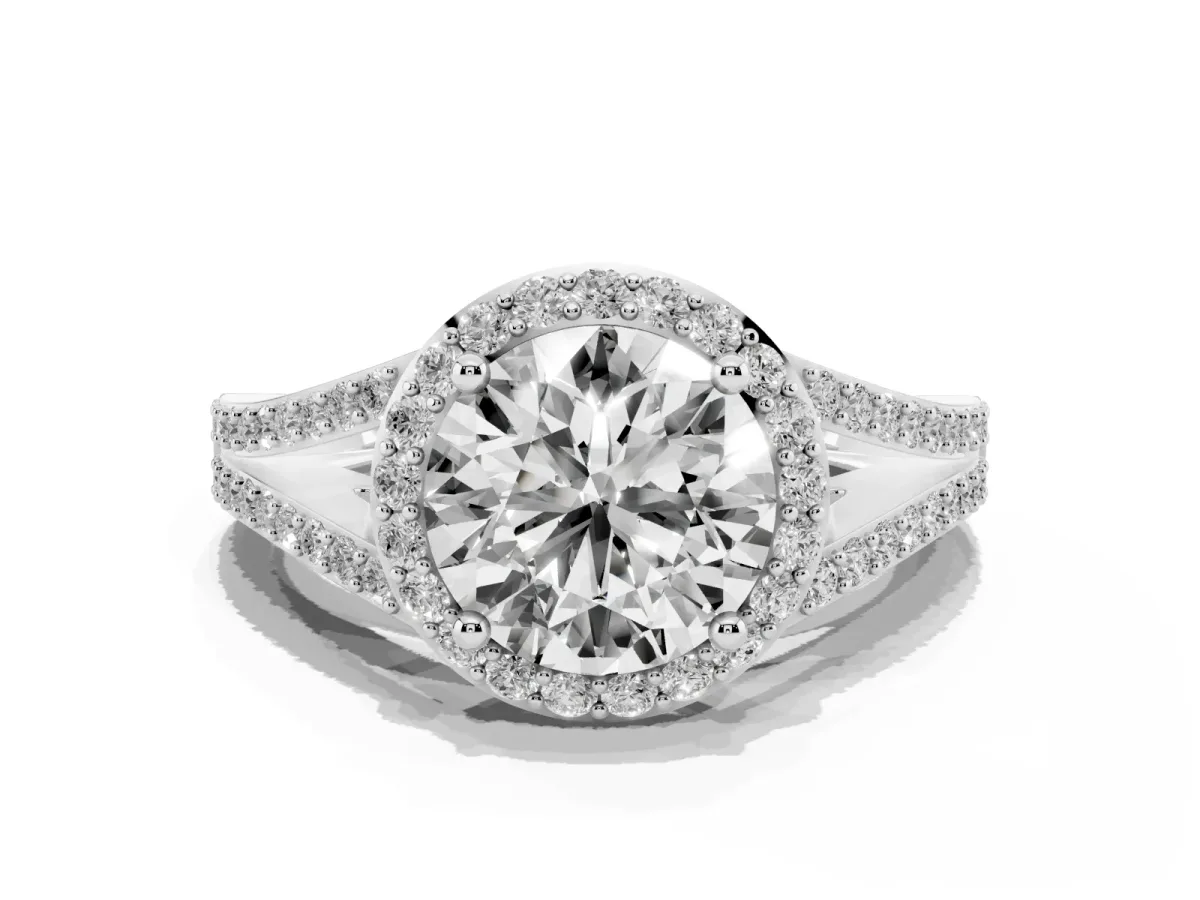 Round Cut Halo Split Shank Pave Diamond Ring with Four-Prong Setting Silver
