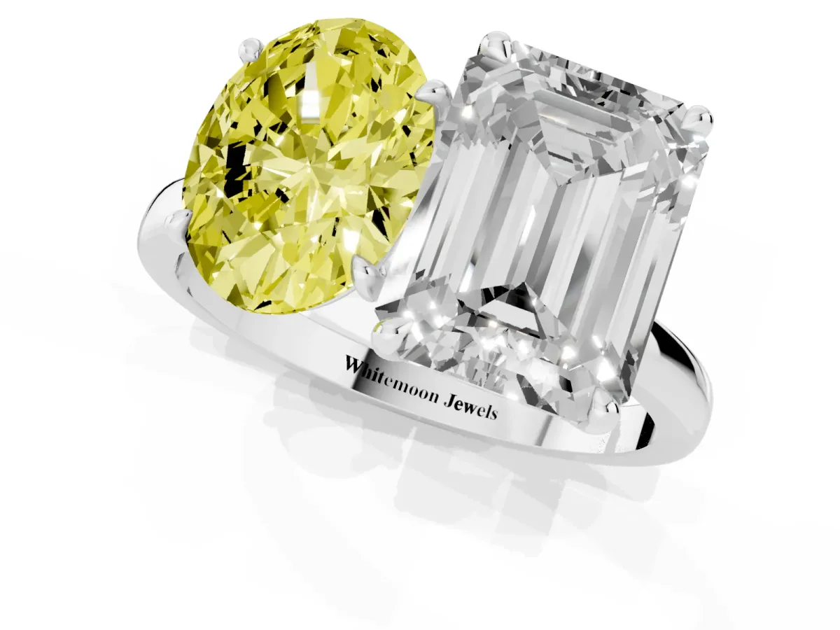 Fancy Yellow Oval Cut and Emerald Cut Toi Moi Ring with Prong Setting Platinum