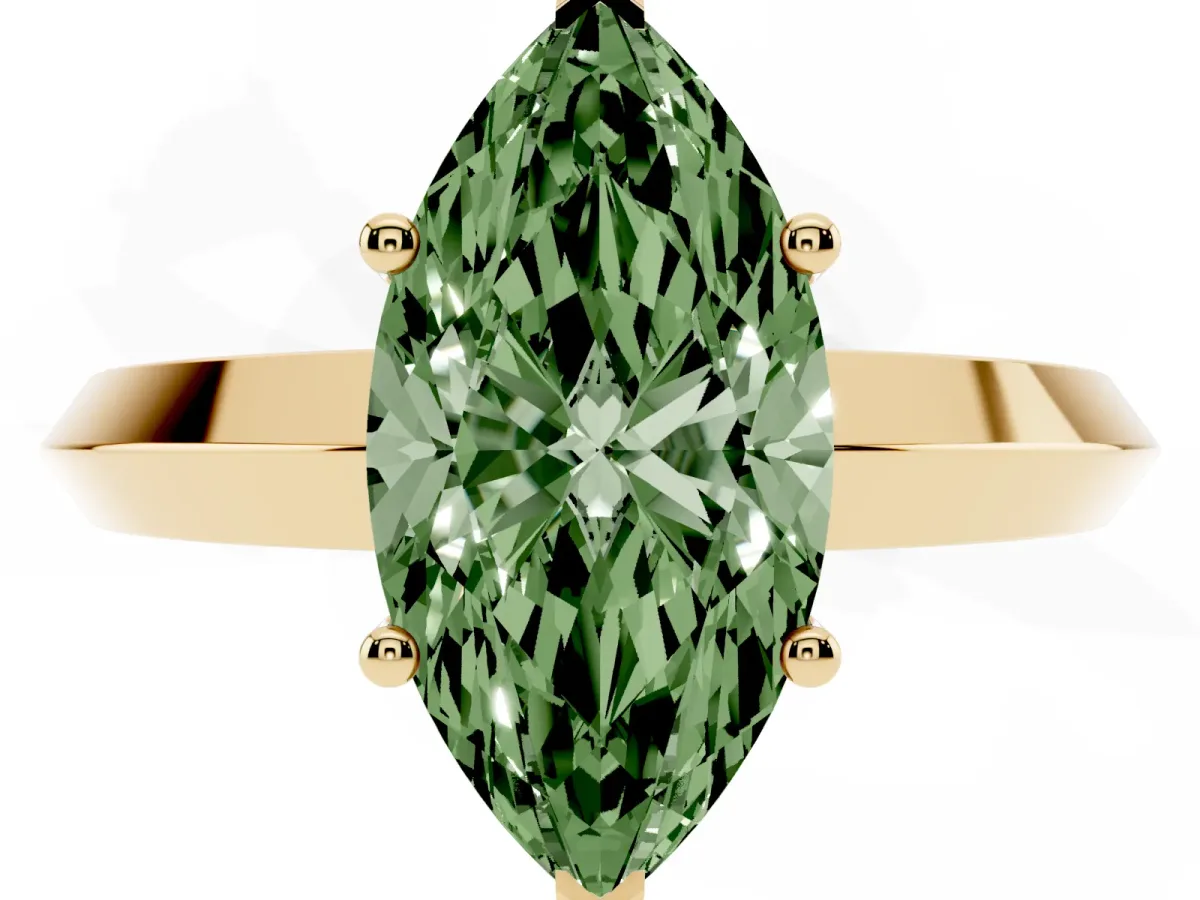 Fancy Green Marquise Cut Cut Solitaire Engagement Ring with Flat Band and Four-Prong Setting Yellow gold