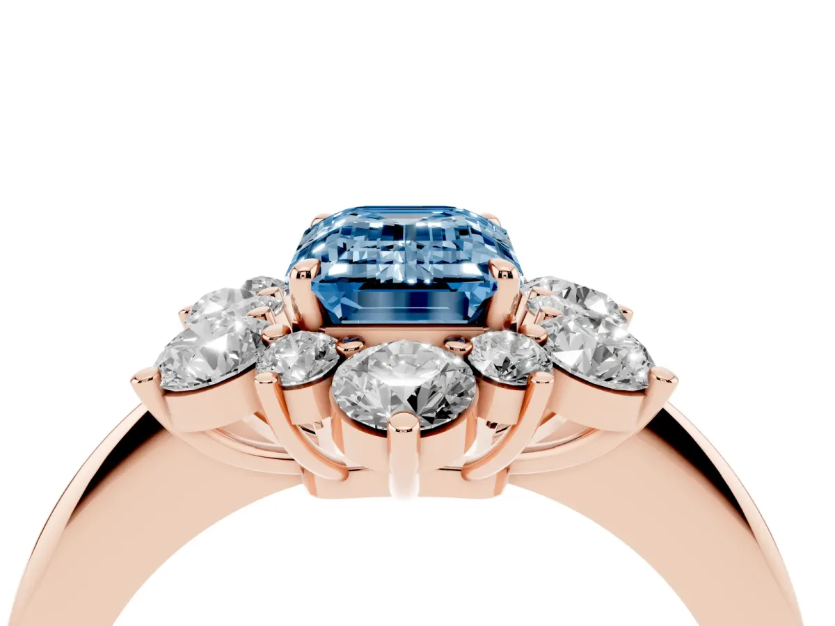 Fancy Blue Emerald Cut Diamond Cluster Halo Ring with Solitaire Band and Four-Prong Setting Rose gold