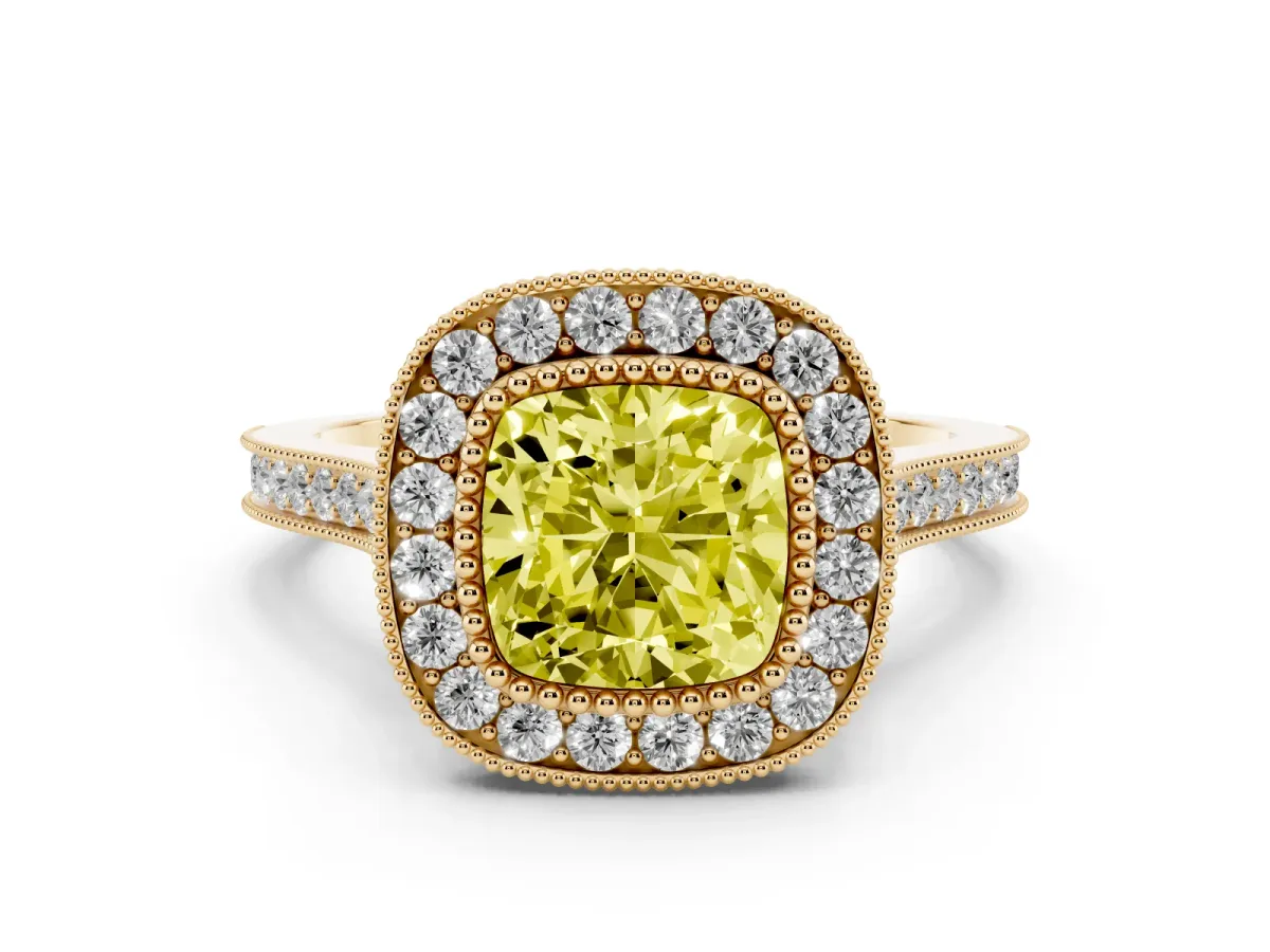 Fancy Yellow Cushion Cut Diamond Halo Ring with Milgrain Frame and Pavé Band Yellow gold