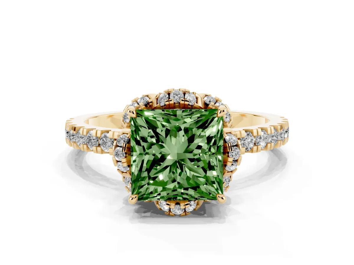 Fancy Green Princess Cut Halo Diamond Pave Band Ring with Four-Prong Setting Yellow gold