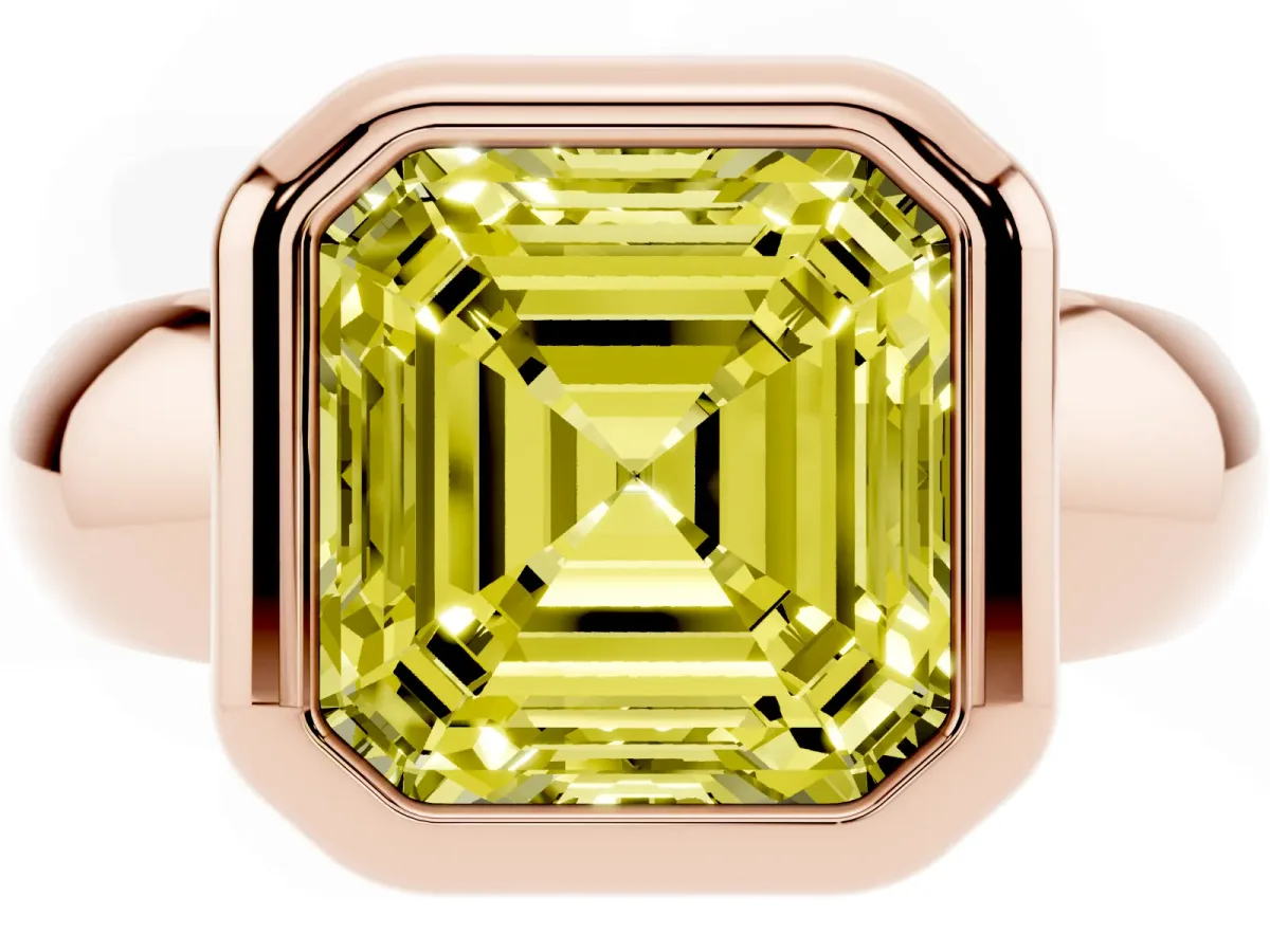 Fancy Yellow Bezel Set Asscher Cut Solitaire Ring with Wide Band Rose gold