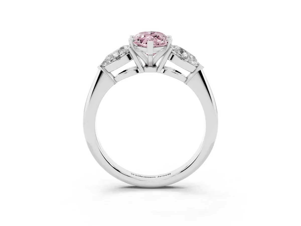 Fancy Pink Three-Stone Marquise Cut Diamond Ring with Pear Side Stones and Four-Prong Setting Silver