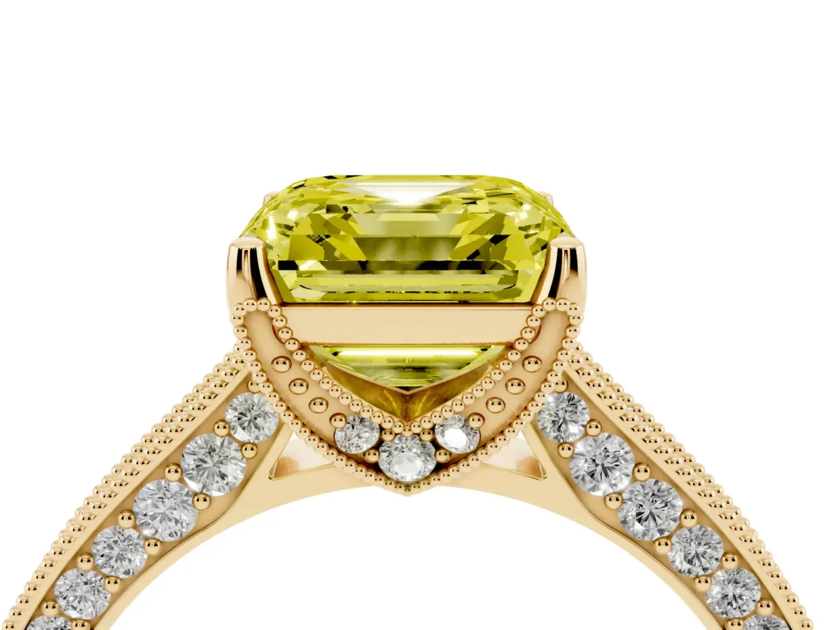 Fancy Yellow Asscher Cut Cut Diamond Solitaire Ring with Milgrain Pave Band and Four Prong Setting Yellow gold