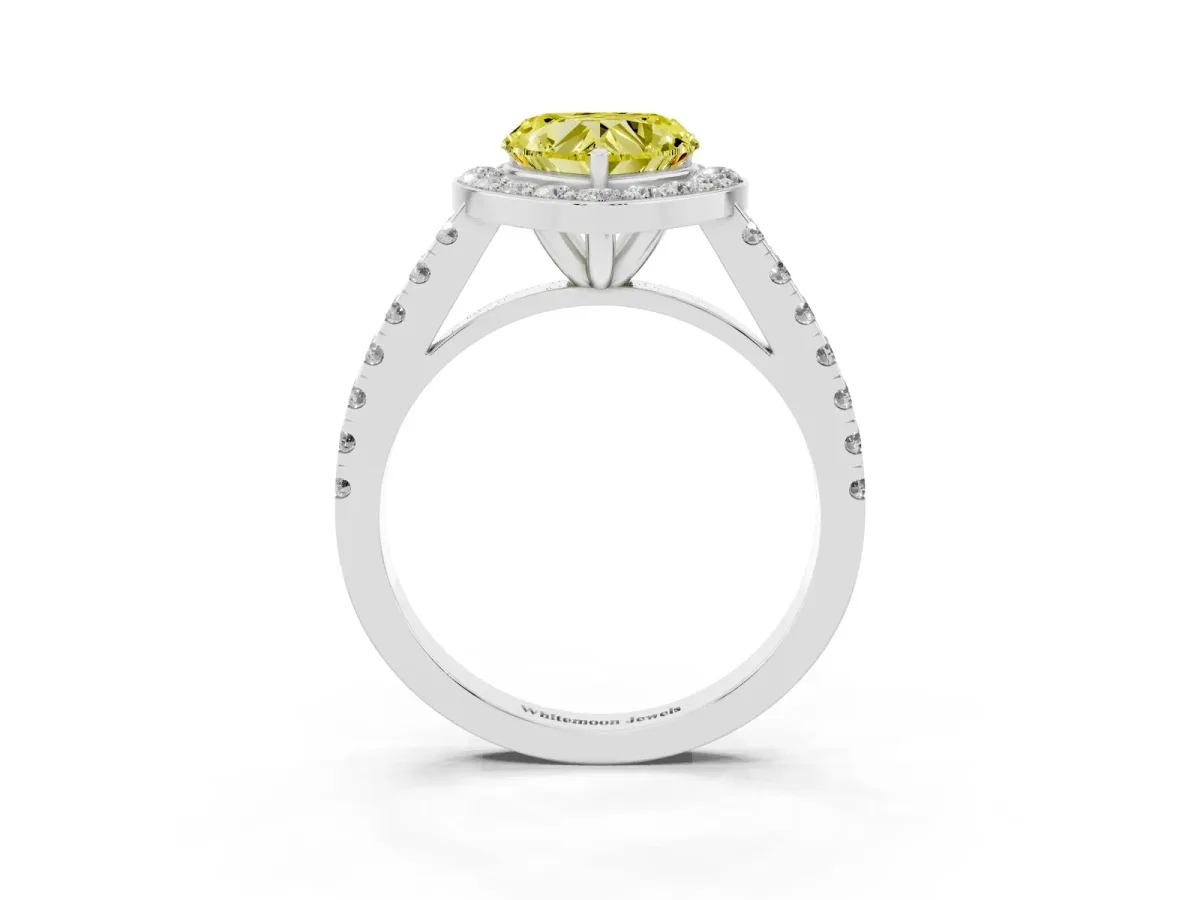 Fancy Yellow Heart Cut Diamond Halo Ring with Round Pavé Split Shank and Prong Setting Silver