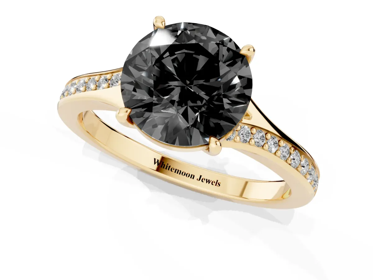 Fancy Black Round Cut Diamond Solitaire Ring with Pavé Band and Prong Setting Yellow gold