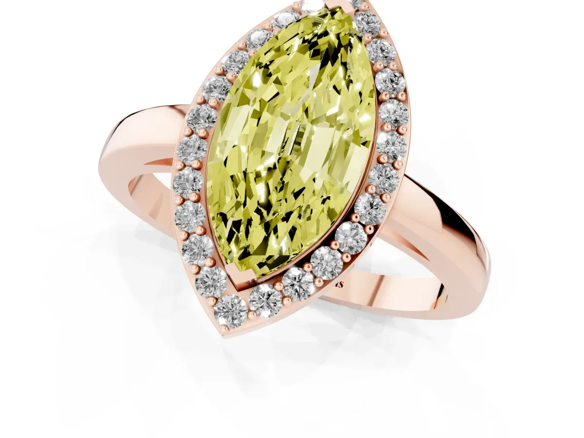 Fancy Yellow Marquise Cut Halo Diamond Ring with Solitaire Band and Prong Setting Rose gold