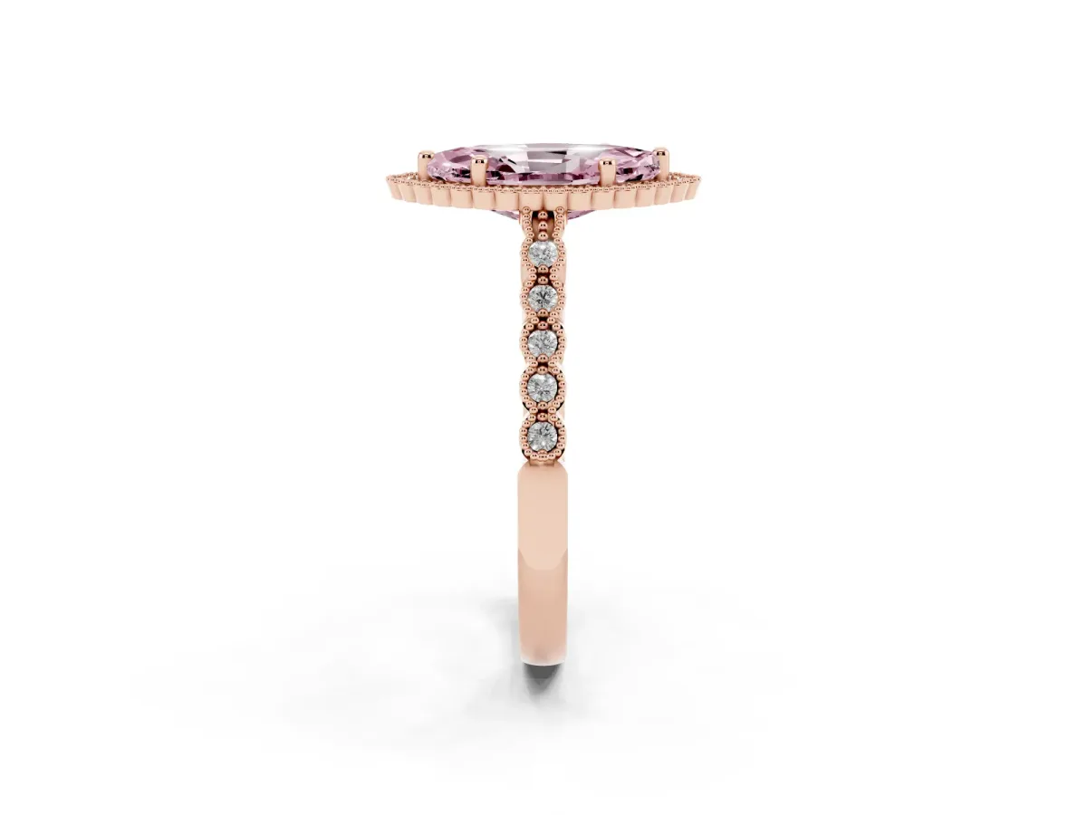 Fancy Pink Marquise Cut Cut Halo Pavé Solitaire Ring with Milgrain Band Rose gold