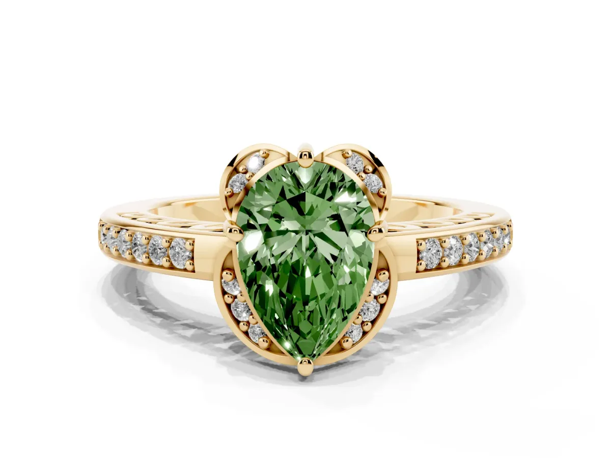 Fancy Green Pear Cut Cut Halo Diamond Ring with Channel Set Band and Four-Prong Setting Yellow gold