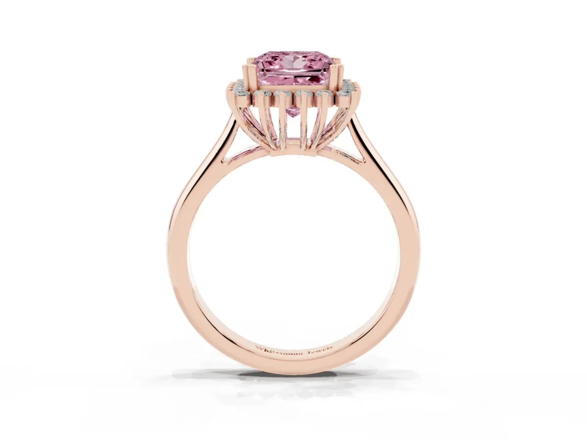 Fancy Pink Princess Cut Cut Diamond Halo Ring with Solitaire Band and Prong Setting Rose gold