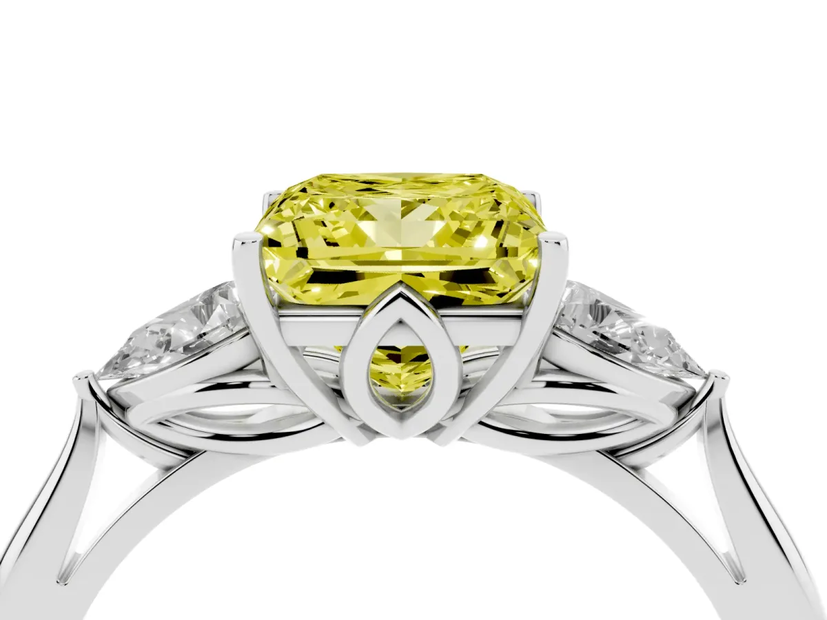 Fancy Yellow Princess Cut Diamond Three-Stone Ring with Pear Side Stones and Prong Setting Silver