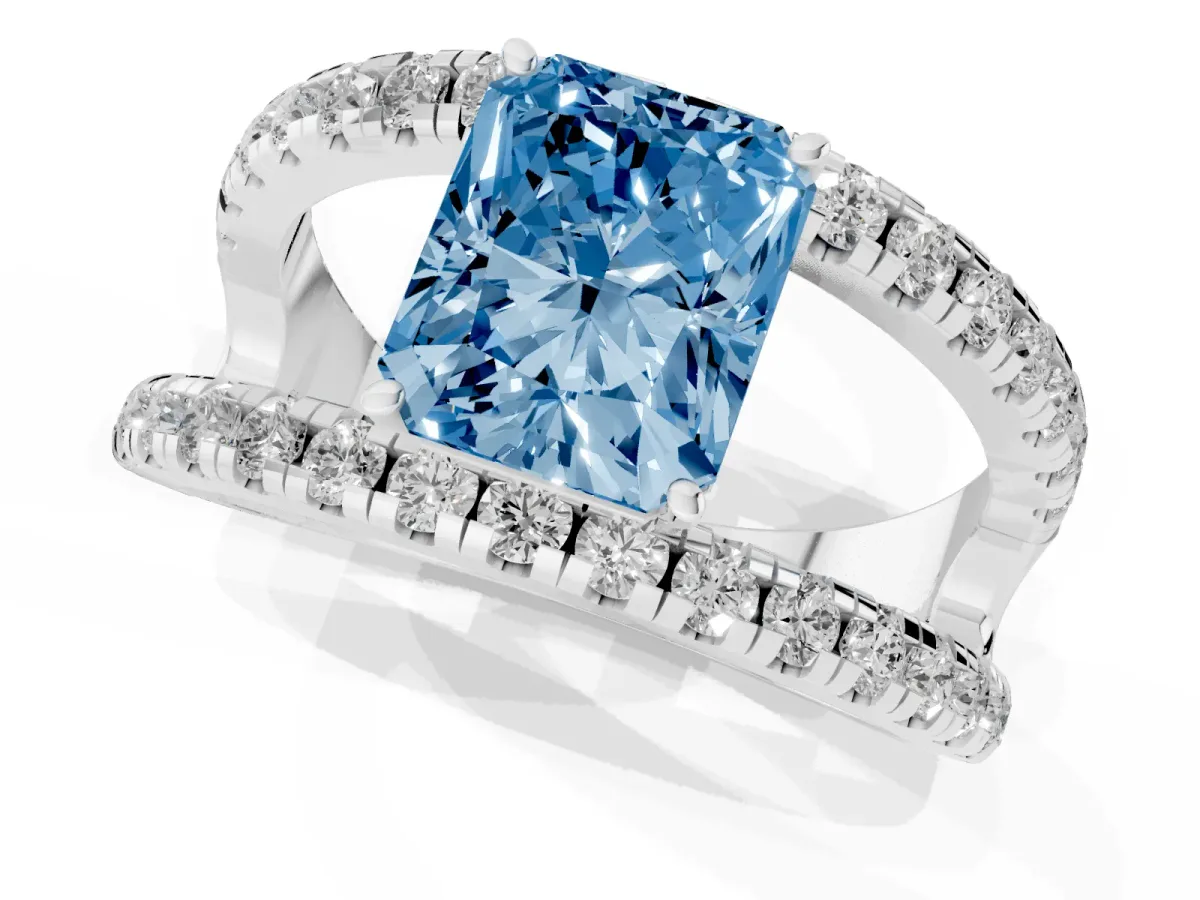 Fancy Blue Radiant Cut Solitaire Split Shank Pave Diamond Ring Platinum