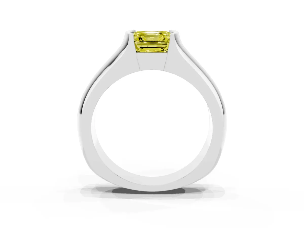 Fancy Yellow Asscher Cut Solitaire Bezel Set Diamond Ring with Wide Band Platinum