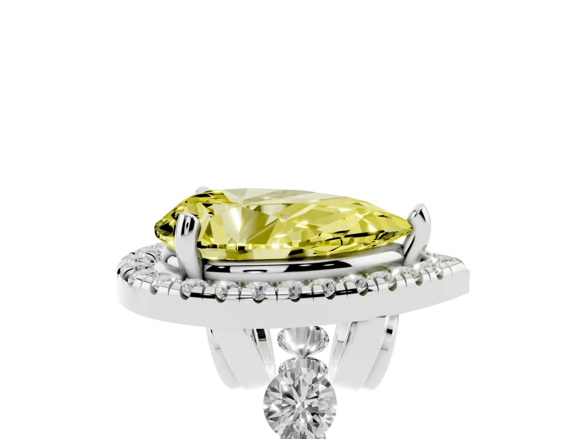 Fancy Yellow Pear Cut Halo Pavé Diamond Engagement Ring with Four-Prong Setting Silver