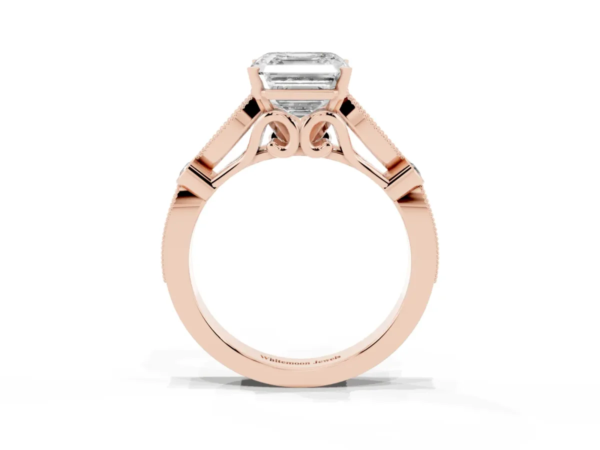 Asscher Cut Cut Diamond with Milgrain Marquise and Bezel Accents on a Solitaire Band with Prong Setting Rose gold